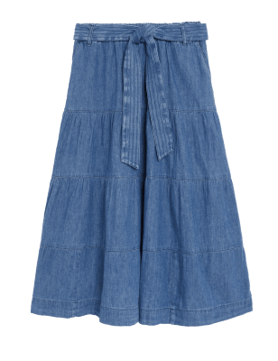 

Womens Per Una Denim Midi Tiered Skirt - Medium Indigo, Medium Indigo