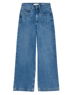 

Womens Per Una High Waisted Floral Wide Leg Jeans - Light Indigo, Light Indigo