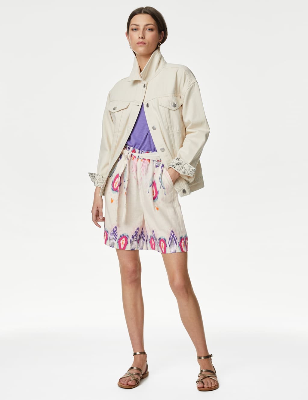 Linen Rich Printed High Waisted Shorts image 1