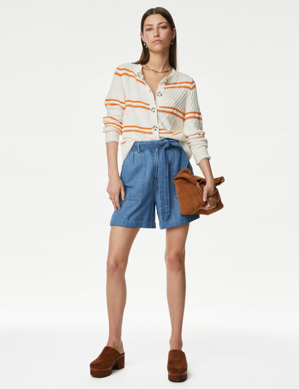 Denim High Waisted Belted Shorts image 1