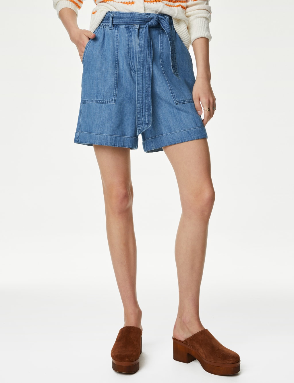 Denim High Waisted Belted Shorts image 2