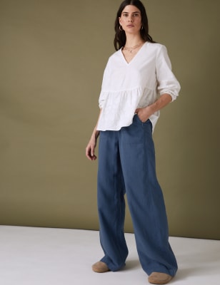 

Womens Per Una Linen Blend Drawstring Wide Leg Trousers - Indigo, Indigo