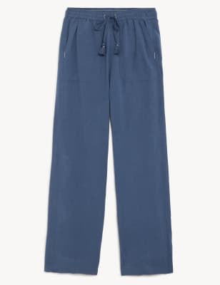 Linen Blend Drawstring Wide Leg Trousers