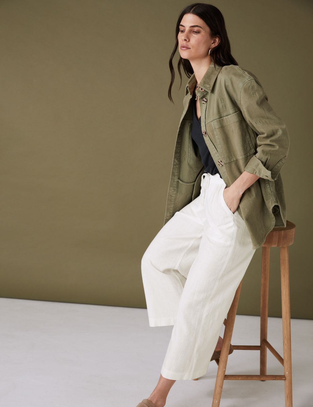 Linen Blend Wide Leg Cropped Trousers image 2