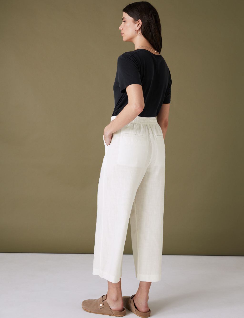 Linen Blend Wide Leg Cropped Trousers image 4