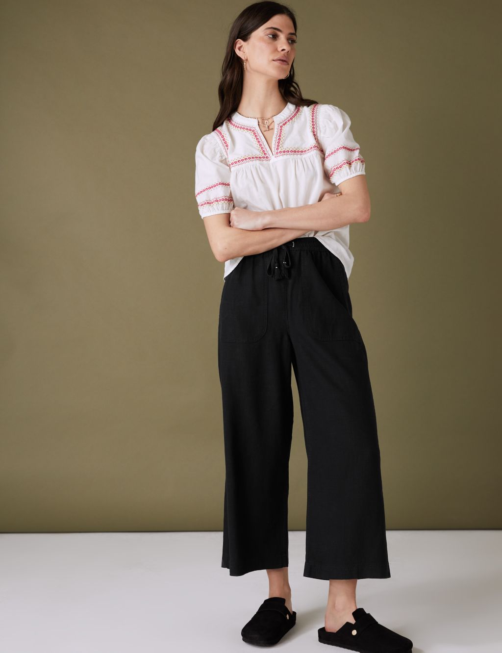 Linen Blend Wide Leg Cropped Trousers image 1