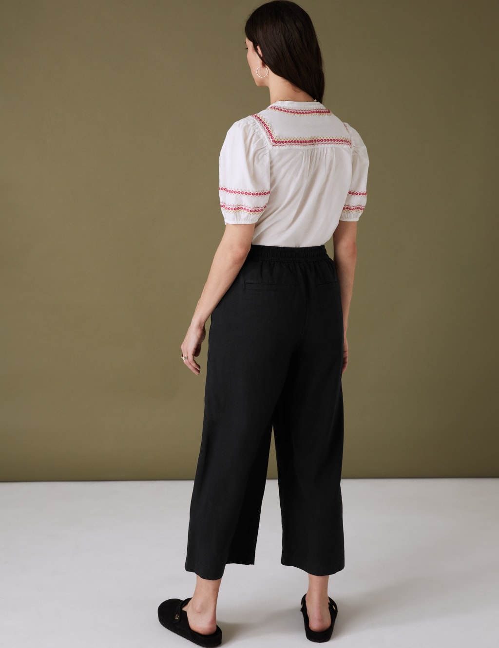 Linen Blend Wide Leg Cropped Trousers image 4