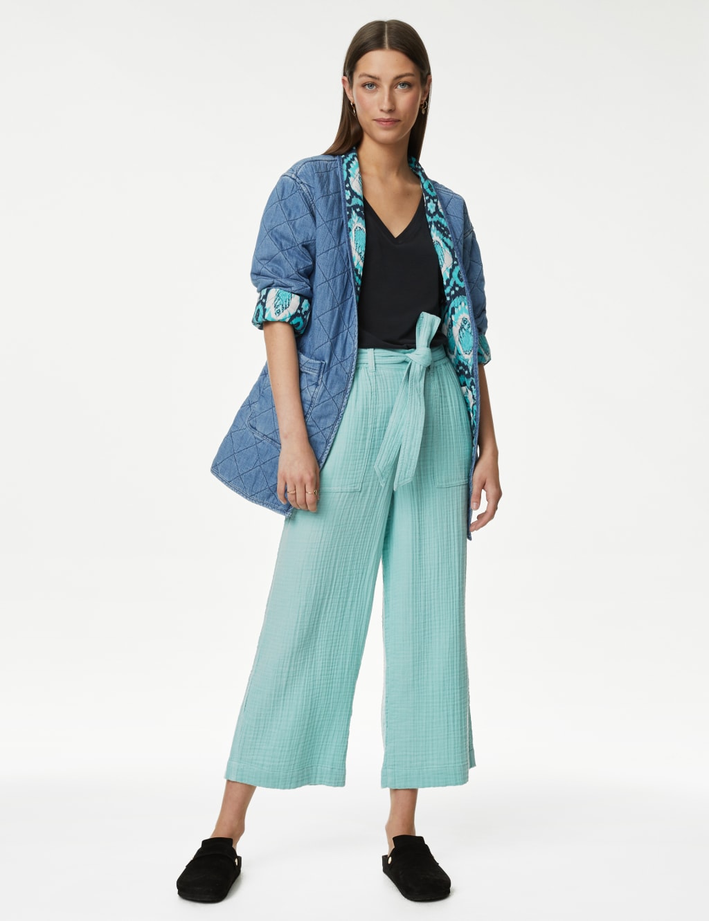 Pure Cotton Wide Leg Cropped Trousers image 1