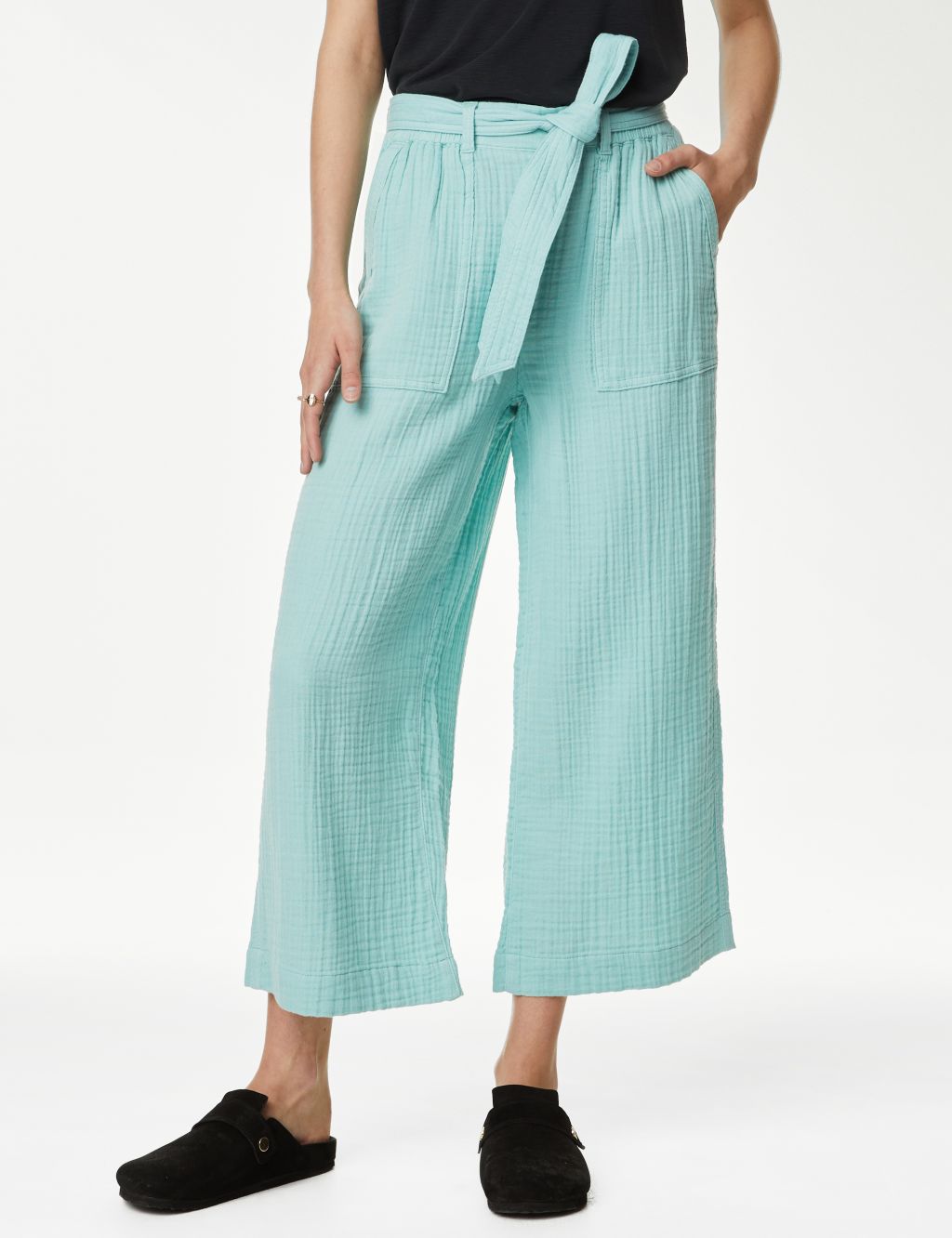 Pure Cotton Wide Leg Cropped Trousers image 3