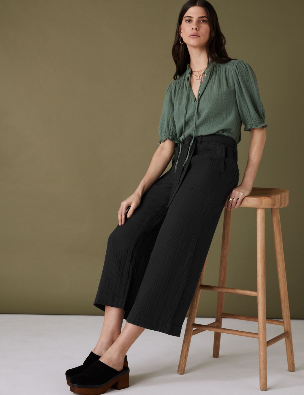 Pure Cotton Wide Leg Cropped Trousers image 1