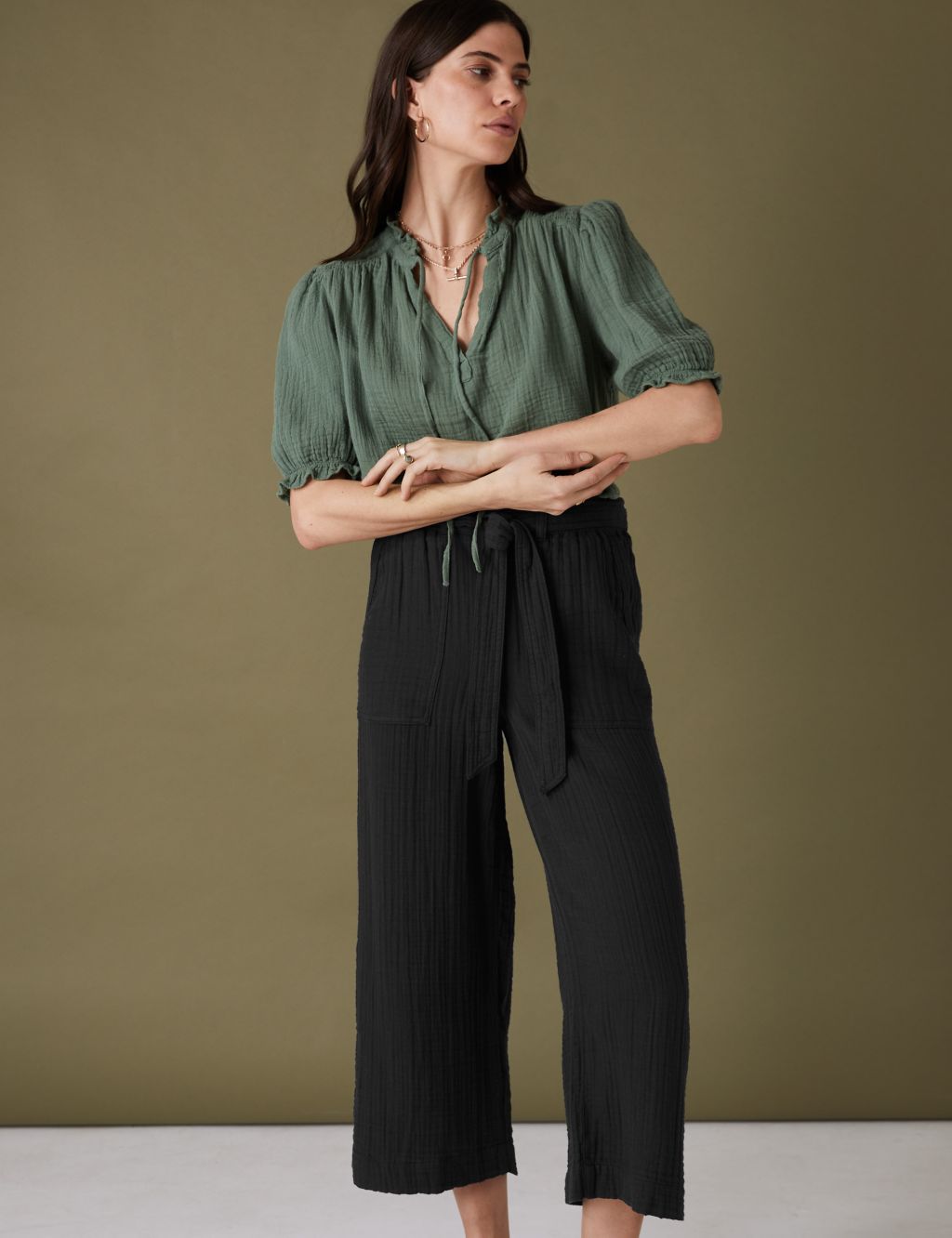 Pure Cotton Wide Leg Cropped Trousers image 2