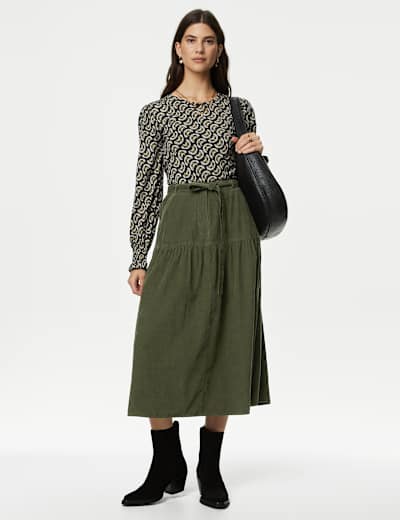 Pure Cotton Cord Midaxi Tiered Skirt