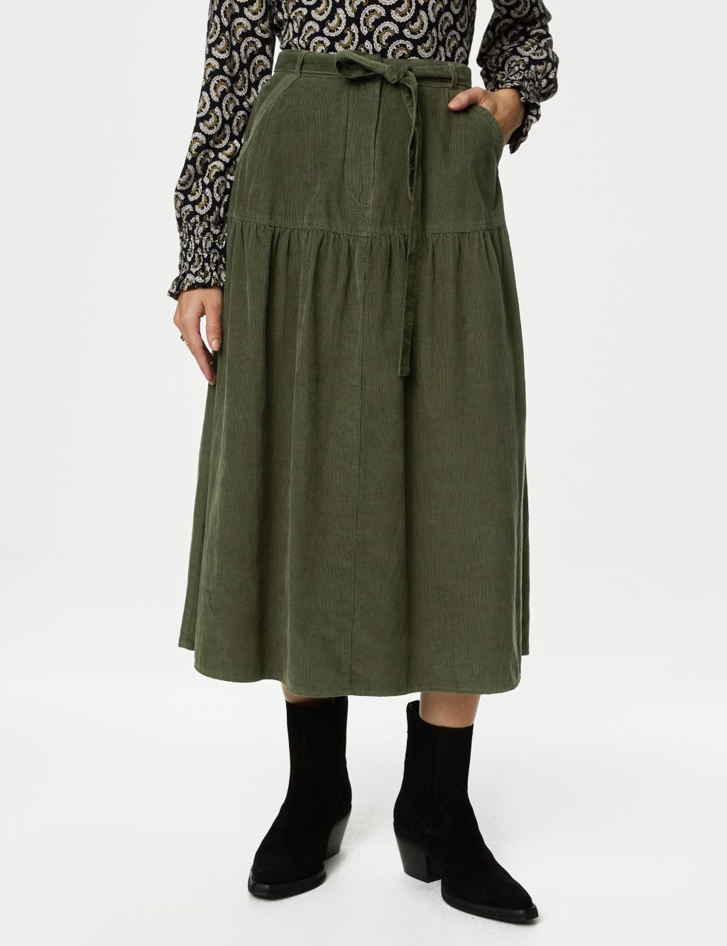 Khaki Textured Jersey High Waist Midaxi Skirt