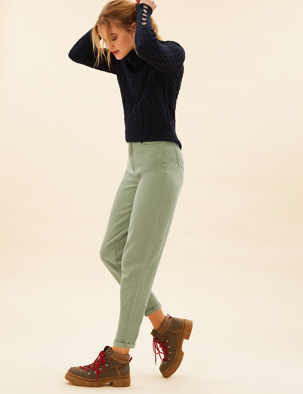 Pure Cotton Belted Tapered Trousers