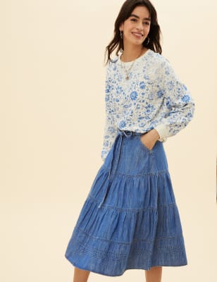 

Womens Per Una Denim Midi Tiered Skirt - Medium Indigo, Medium Indigo