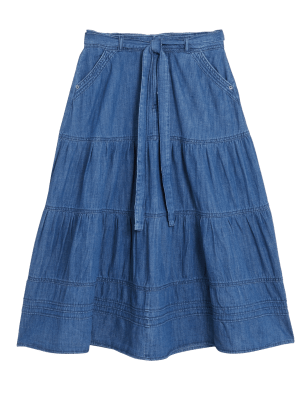 

Womens Per Una Denim Midi Tiered Skirt - Medium Indigo, Medium Indigo