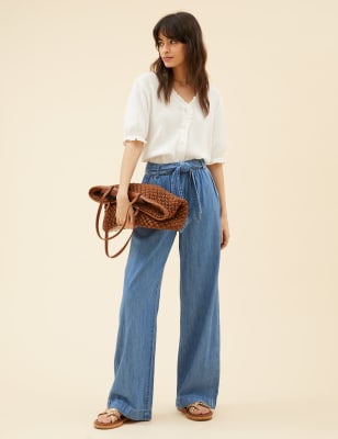 Denim Belted Wide Leg Trousers