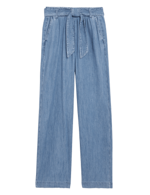 

Womens Per Una Denim Belted Wide Leg Trousers - Medium Indigo, Medium Indigo