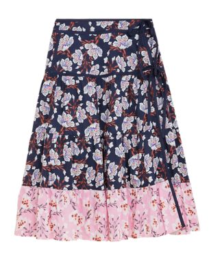 Womens Per Una Pure Cotton Floral Tie Wrap Midi Skirt - Navy Mix