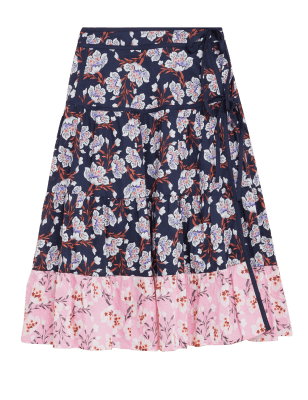 Womens Per Una Pure Cotton Floral Tie Wrap Midi Skirt - Navy Mix