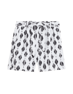 

Womens Per Una Gemusterte Shorts aus Baumwollmischgewebe mit Gürtel - Ivory Mix, Ivory Mix
