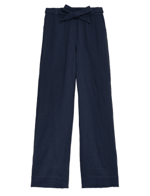 

Womens Per Una Hose aus reiner Baumwolle mit weitem Bein und Strukturmuster - Navy, Navy