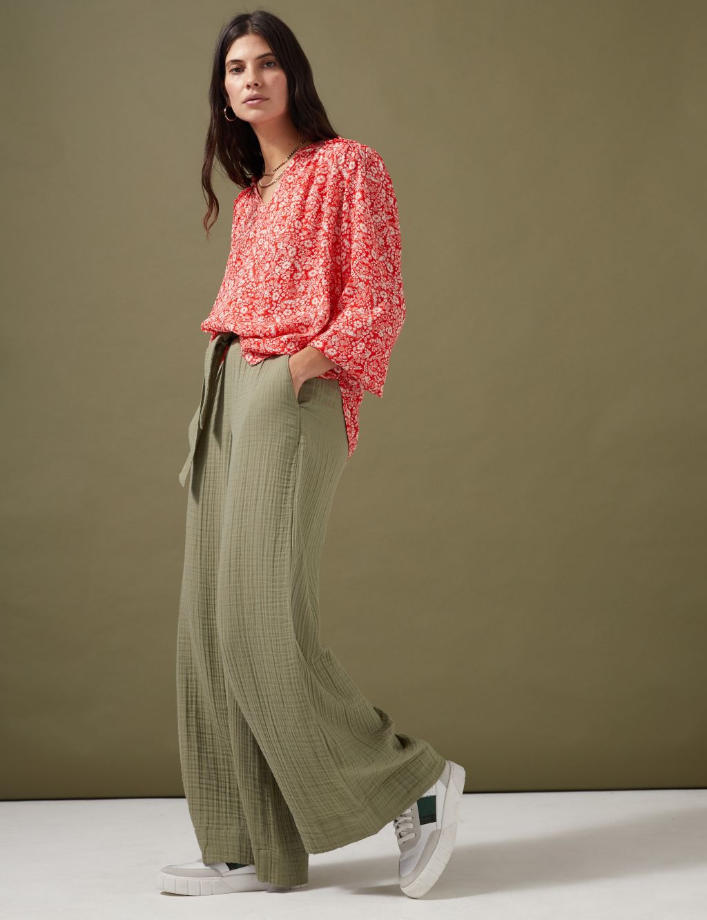 Pure Cotton Textured Wide Leg Trousers image 1