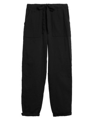 

Womens Per Una Schmal zulaufende Hose aus reiner Baumwolle mit Fischgrätmuster - Black, Black