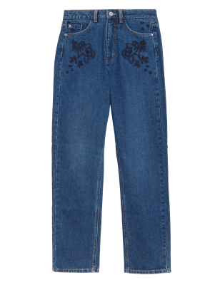 

Per Una Jeans straight de cintura alta con bordadoWomens - Medium Indigo, Medium Indigo