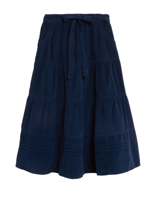 

Womens Per Una Corduroy Belted Midi Tiered Skirt - Navy, Navy