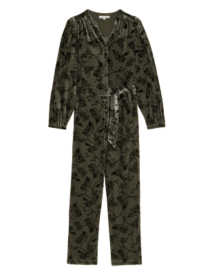 

Womens Per Una Gemusterter Jumpsuit aus Samt mit Gürtel - Khaki Mix, Khaki Mix