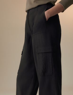 Per Una Womens Linen Blend Cargo Trousers - 10REG - Black, Black,Light Khaki