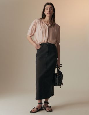 Per Una Womens Denim Split Back Maxi Skirt - 6SHT - Black, Black,Medium Indigo