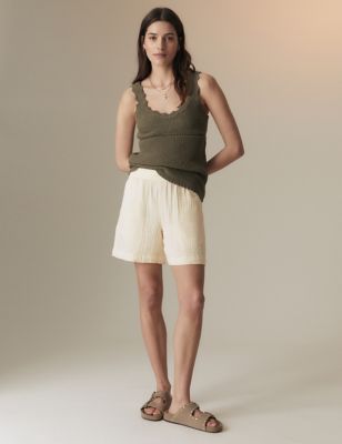 Per Una Womens Pure Cotton Textured High Waisted Shorts - 16 - Ecru, Ecru,Air Force Blue,Oak