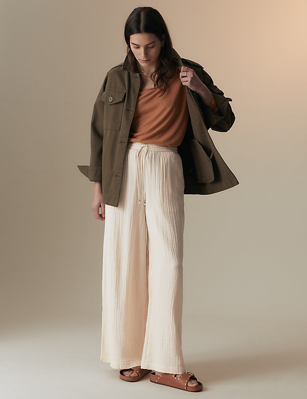 Pure Cotton Textured Wide Leg Trousers - IT