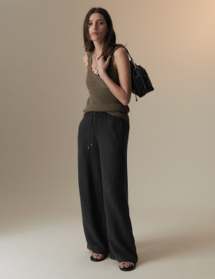 Pure Cotton Textured Wide Leg Trousers