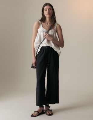 Per Una Womens Linen Blend Wide Leg Cropped Trousers - 8REG - Black, Black,Soft White