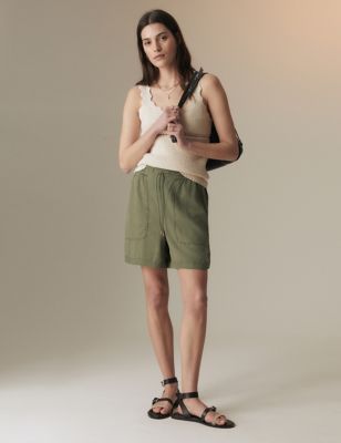 Linen Blend High Waisted Shorts - CN