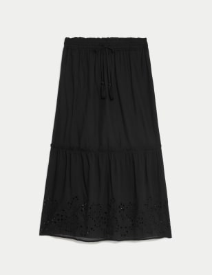 

Womens Per Una Cotton Rich Broderie Midaxi Tiered Skirt - Black, Black