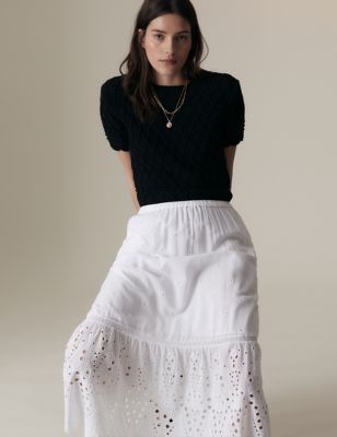 Per Una Womens Cotton Rich Broderie Midaxi Tiered Skirt - 8REG - Soft White, Soft White