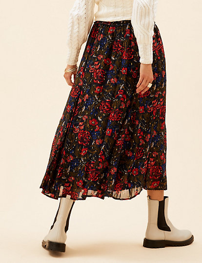 Floral Metallic Maxi A-Line Skirt