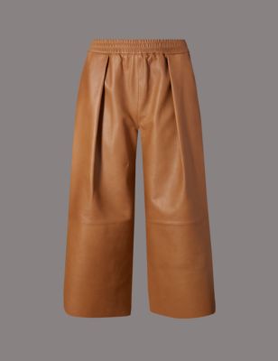 Leather Wide Leg Cropped Trousers | Autograph | M&S