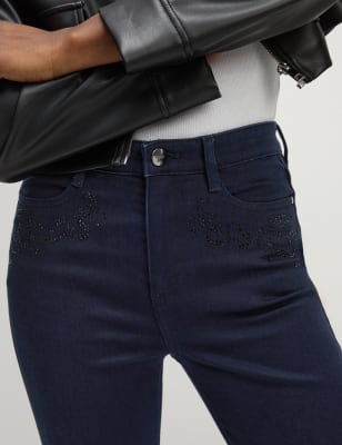 High Waisted Embellished Straight Leg Jeans - NZ