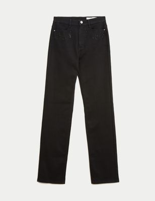 M&S Per Una Womens High Waisted Embellished Straight Leg Jeans