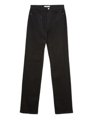 Womens M&S Collection High Waisted Embellished Straight Leg Jeans - Black