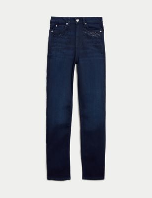 High Waisted Embellished Straight Leg Jeans