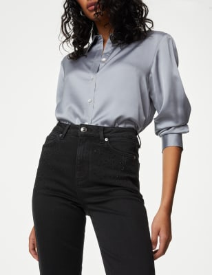 Faux Leather Straight Leg Cropped Denim