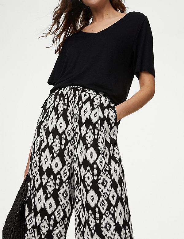  Printed Wide Leg Cropped Trousers - DK