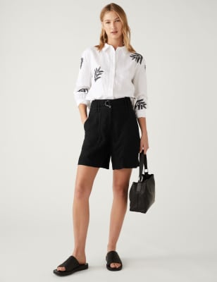 

Womens M&S Collection Linen Rich Belted Utility Shorts - Black, Black