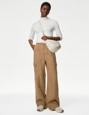 

Womens M&S Collection Hose aus reinem Leinen mit weitem Bein und Hahnentrittmuster - Brown, Brown